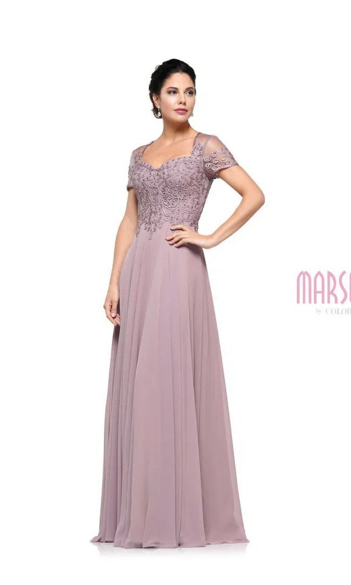 A woman models the Marsoni M271, a mauve long formal dress featuring a sweetheart neckline, lace bodice with short sleeves, and chiffon pleated skirt, set against a white background.